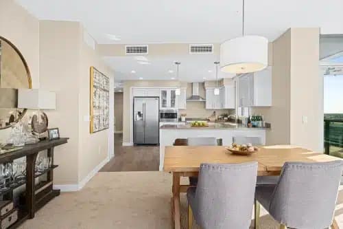 A kitchen and dining room in a Mirabella at ASU apartment.