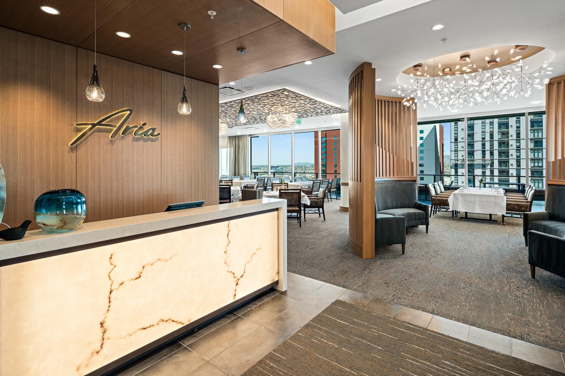 Reception and dining area of Aria, Mirabella's upscale dining venues with views of downtown Tempe